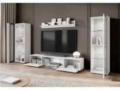 Móvel De Tv* Conjunto de sala moderno com LED 2 vitrinas e móvel de TV 180 cm corpo mate frentes brilho Branco