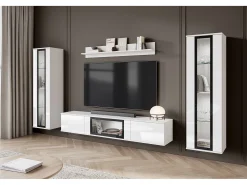 Móvel De Tv* Conjunto de sala moderno com LED 2 vitrinas e móvel de TV 180 cm corpo mate frentes brilho Branco