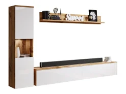 Móvel De Tv| Conjunto de sala moderno 3 peças com LED, frentes brilhantes, coluna e móvel TV 180 cm corpo carvalho wotan, frentes branco brilho Natural escuro