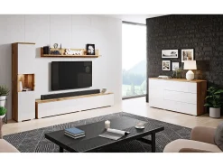 Móvel De Tv| Conjunto de sala moderno 3 peças com LED, frentes brilhantes, coluna e móvel TV 180 cm corpo carvalho wotan, frentes branco brilho Natural escuro
