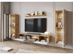 Móvel De Tv| Conjunto de sala moderno – 2 vitrinas e móvel de TV 180 cm, corpo carvalho Wotan mate frentes branco brilho Natural escuro / Branco