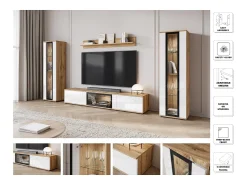Móvel De Tv| Conjunto de sala moderno – 2 vitrinas e móvel de TV 180 cm, corpo carvalho Wotan mate frentes branco brilho Natural escuro / Branco