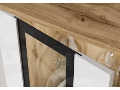 Móvel De Tv| Conjunto de sala moderno – 2 vitrinas e móvel de TV 180 cm, corpo carvalho Wotan mate frentes branco brilho Natural escuro / Branco