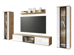 Móvel De Tv| Conjunto de sala moderno – 2 vitrinas e móvel de TV 180 cm, corpo carvalho Wotan mate frentes branco brilho Natural escuro / Branco