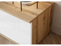 Móvel De Tv| Conjunto de sala moderno – 2 vitrinas e móvel de TV 180 cm, corpo carvalho Wotan mate frentes branco brilho Natural escuro / Branco