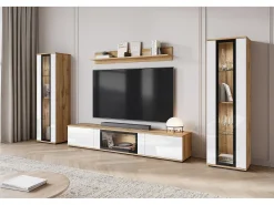 Móvel De Tv| Conjunto de sala moderno – 2 vitrinas e móvel de TV 180 cm, corpo carvalho Wotan mate frentes branco brilho Natural escuro / Branco
