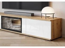 Móvel De Tv| Conjunto de sala moderno – 2 vitrinas e móvel de TV 180 cm, corpo carvalho Wotan mate frentes branco brilho Natural escuro / Branco