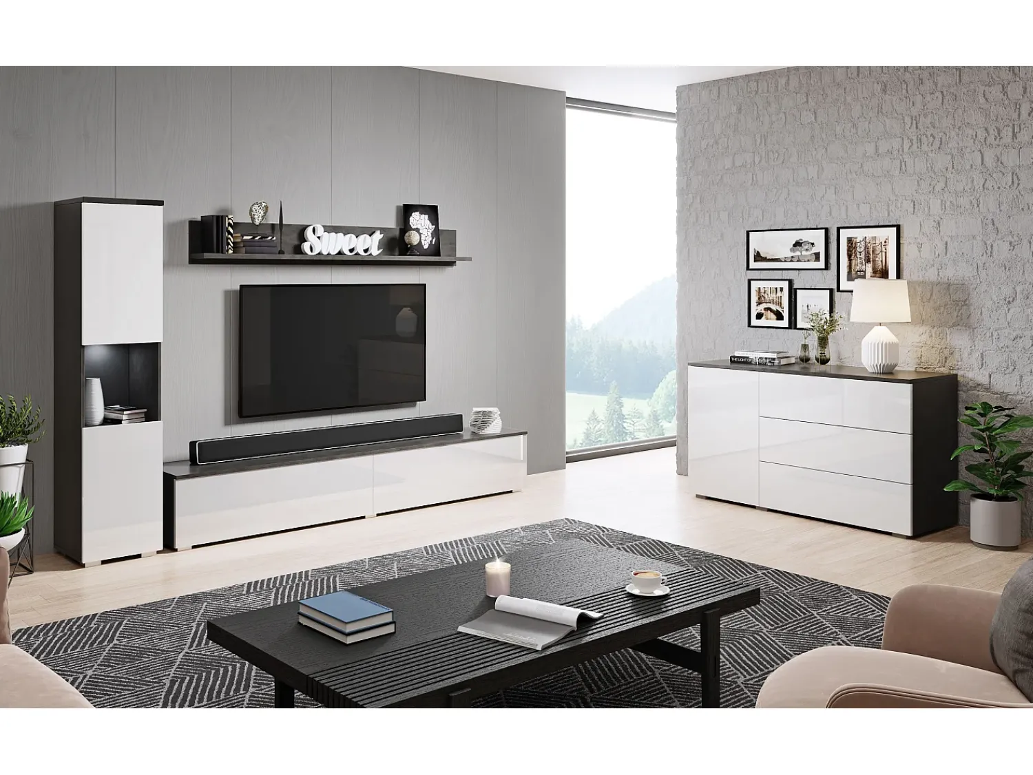 Conjunto de sala moderno 3 peças com LED, frentes brilhantes, coluna e móvel TV 180 cm corpo antracite mate, frentes branco brilho Cinza antracite