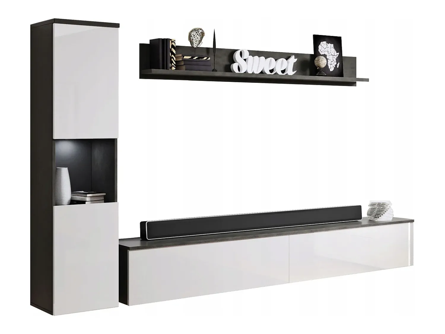 Conjunto de sala moderno 3 peças com LED, frentes brilhantes, coluna e móvel TV 180 cm corpo antracite mate, frentes branco brilho Cinza antracite