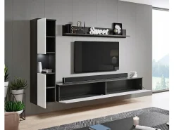 Conjunto de sala moderno 3 peças com LED, frentes brilhantes, coluna e móvel TV 180 cm corpo antracite mate, frentes branco brilho Cinza antracite
