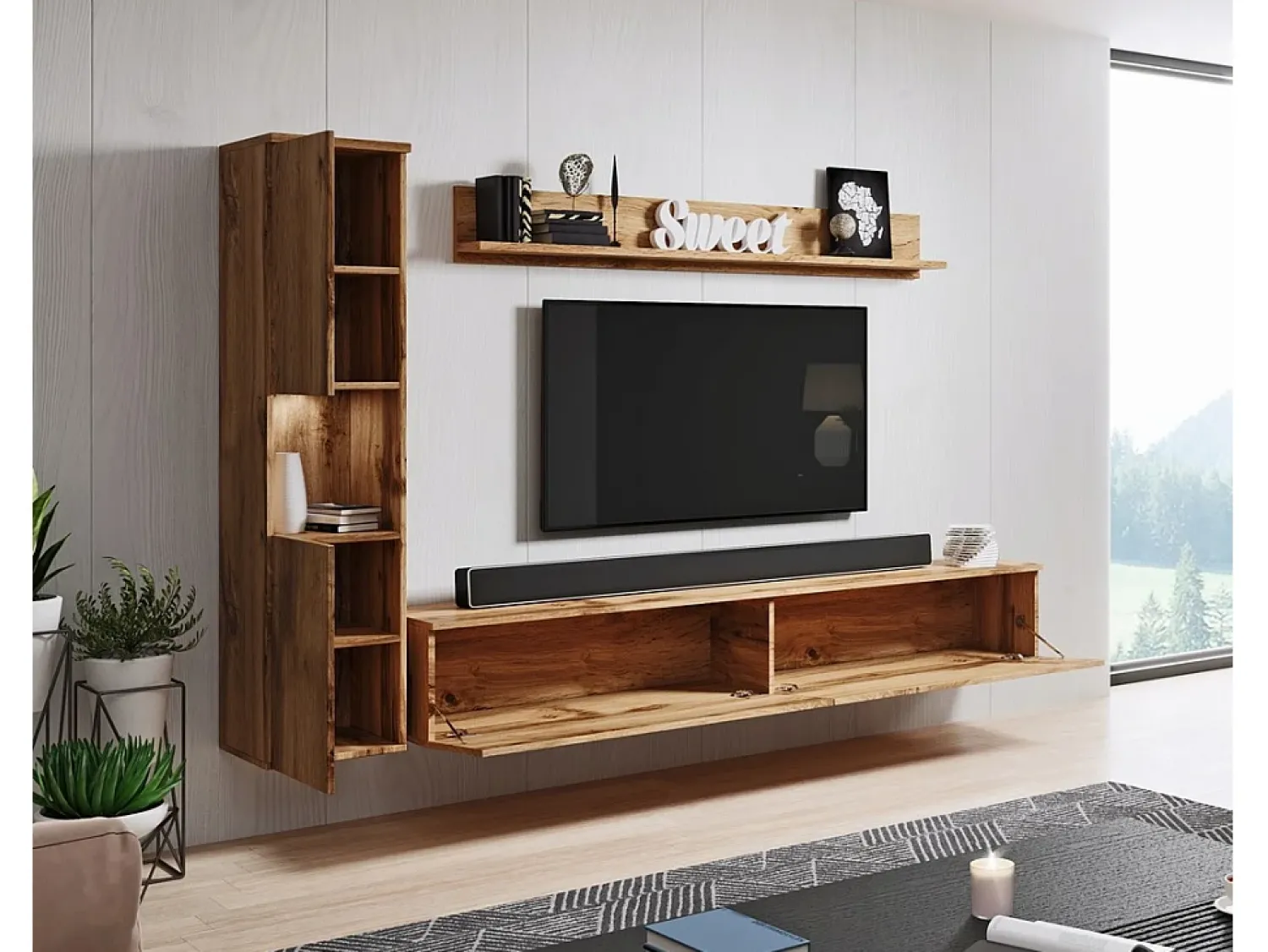 Móvel De Tv* Conjunto de sala moderno 3 peças com LED, mate, coluna e móvel TV 180 cm carvalho wotan Natural escuro