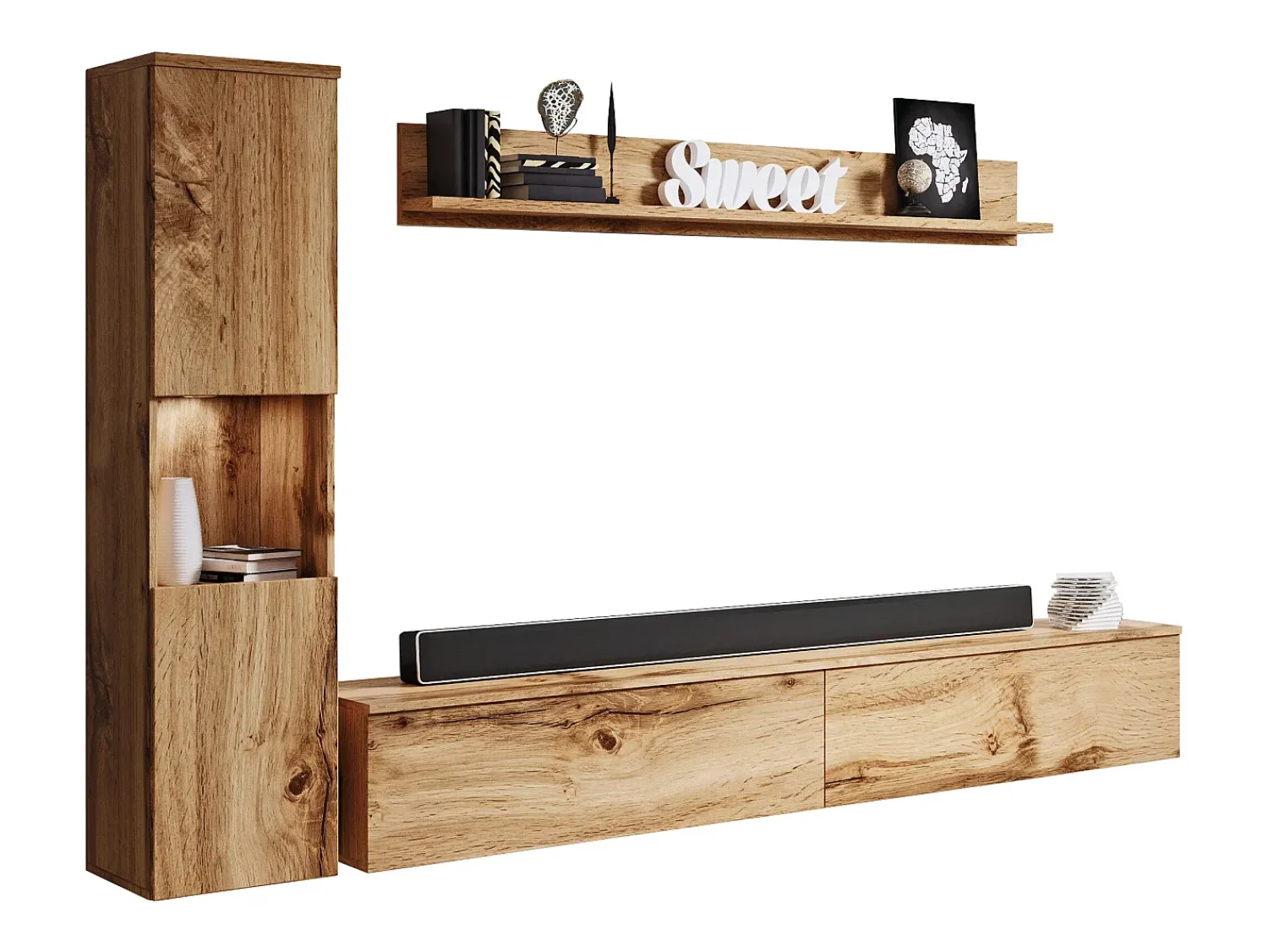 Móvel De Tv* Conjunto de sala moderno 3 peças com LED, mate, coluna e móvel TV 180 cm carvalho wotan Natural escuro
