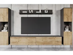 Conjunto de sala moderno 4 peças com LED, 2 colunas, móvel TV 180 cm e prateleira, corpo antracite mate, frentes castanheiro^ Móvel De Tv