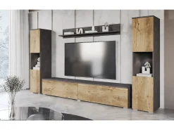 Conjunto de sala moderno 4 peças com LED, 2 colunas, móvel TV 180 cm e prateleira, corpo antracite mate, frentes castanheiro^ Móvel De Tv