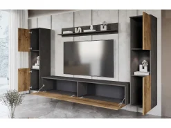 Conjunto de sala moderno 4 peças com LED, 2 colunas, móvel TV 180 cm e prateleira, corpo antracite mate, frentes castanheiro^ Móvel De Tv