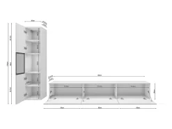 Conjunto de sala moderno – conjunto suspenso e de chão 2 peças com móvel de TV 180 cm e vitrina, corpo carvalho Wotan, frentes brilho Branco