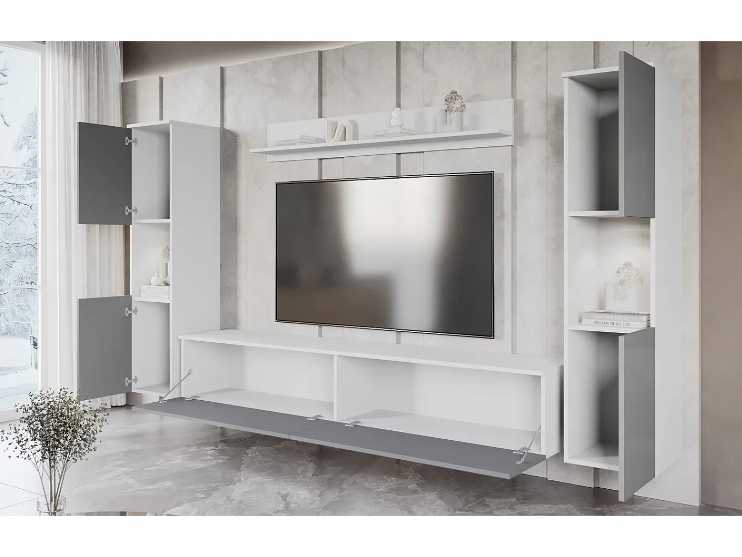Sale Conjunto de sala moderno 4 peças – corpo mate, frentes cinza brilho, 2 colunas e móvel de TV 180 cm Branco