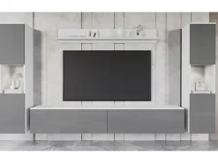 Sale Conjunto de sala moderno 4 peças – corpo mate, frentes cinza brilho, 2 colunas e móvel de TV 180 cm Branco