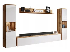 Móvel De Tv* Conjunto de sala moderno 4 peças com LED, 2 colunas, móvel TV 180 cm e prateleira, corpo carvalho wotan, frentes branco brilho Natural escuro