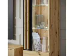 Discount Conjunto de sala sobre pés com LED– conjunto TV 180 cm, vitrine, estante, prateleira carvalho Artisan mate Natural claro