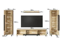 Discount Conjunto de sala sobre pés com LED– conjunto TV 180 cm, vitrine, estante, prateleira carvalho Artisan mate Natural claro