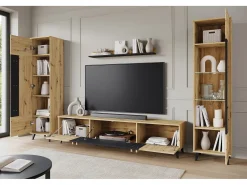 Discount Conjunto de sala sobre pés com LED– conjunto TV 180 cm, vitrine, estante, prateleira carvalho Artisan mate Natural claro