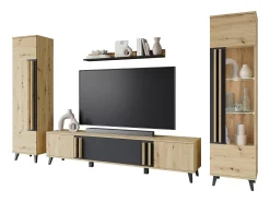 Discount Conjunto de sala sobre pés com LED– conjunto TV 180 cm, vitrine, estante, prateleira carvalho Artisan mate Natural claro