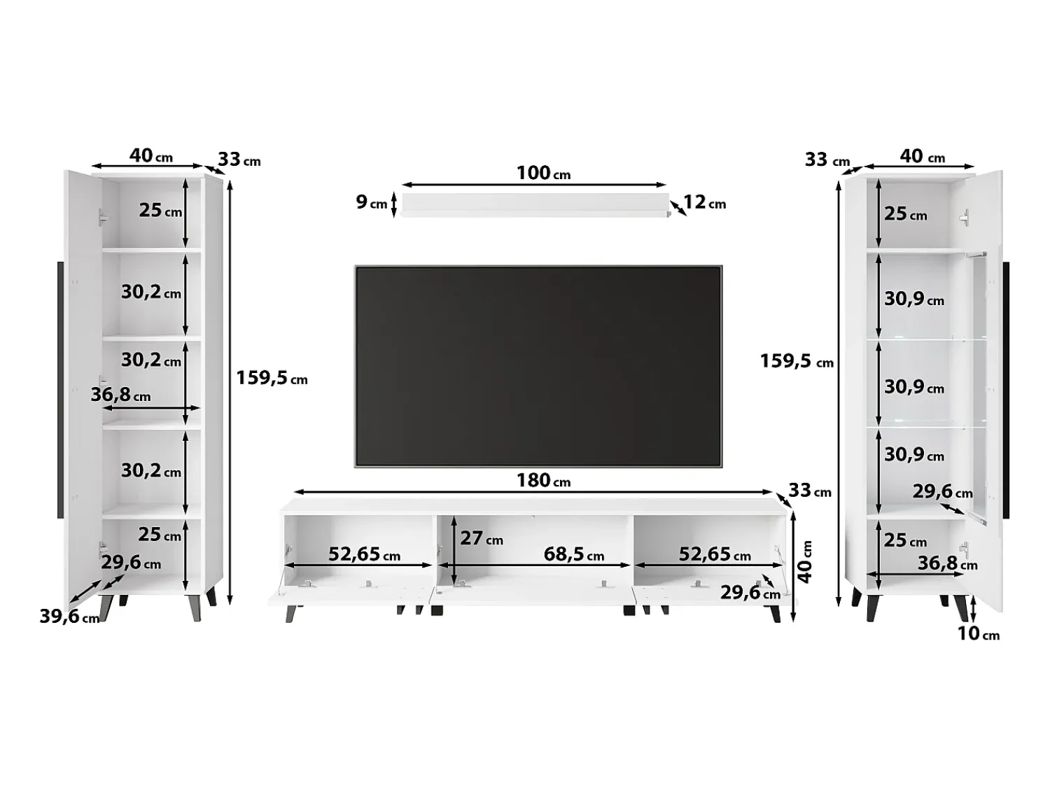 Conjunto de sala sobre pés – móvel de TV 180 cm, vitrine, estante e prateleira, mate^ Móvel De Tv