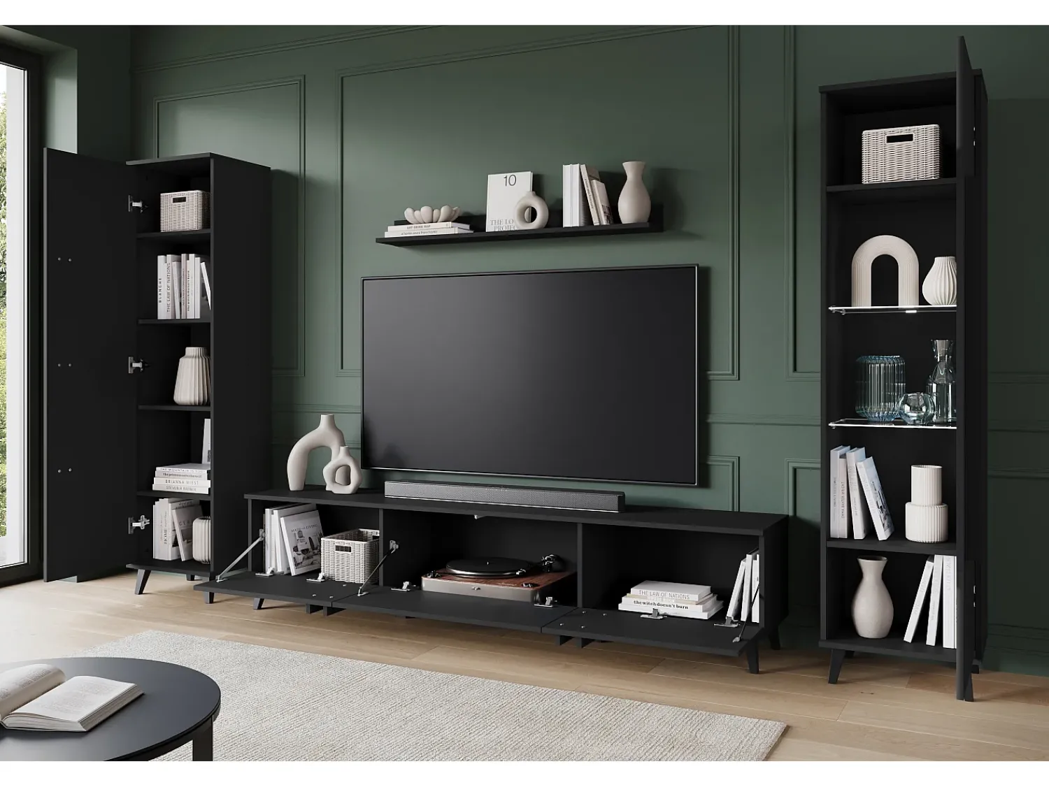 Conjunto de sala sobre pés – móvel de TV 180 cm, vitrine, estante e prateleira, mate^ Móvel De Tv
