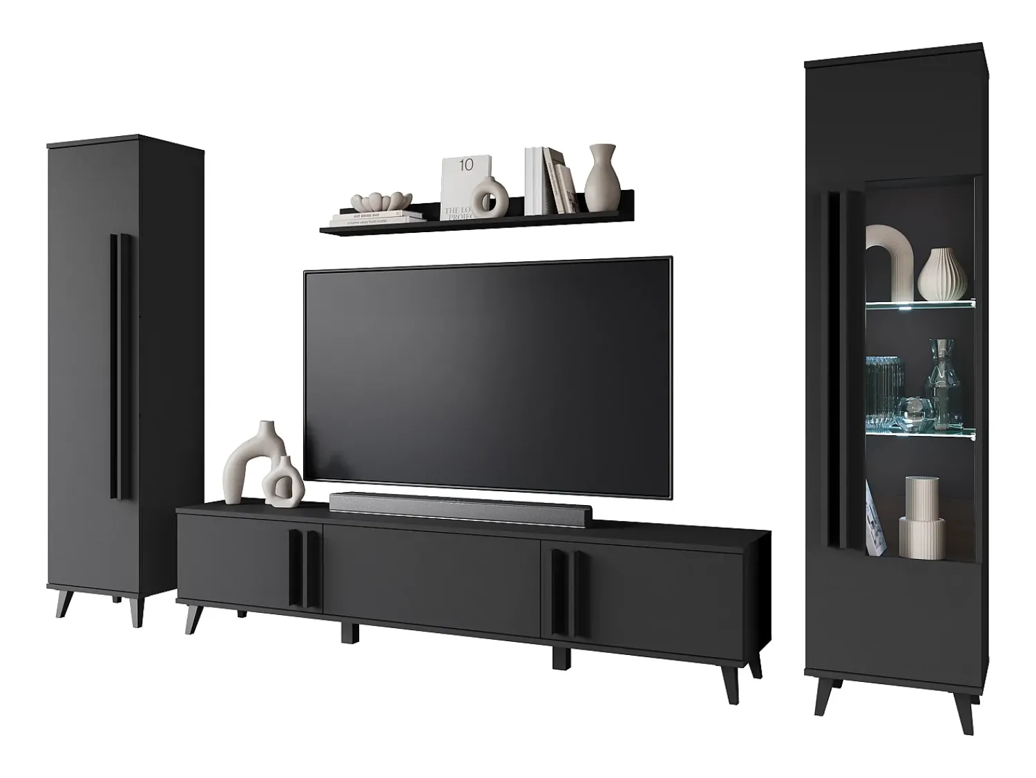 Conjunto de sala sobre pés – móvel de TV 180 cm, vitrine, estante e prateleira, mate^ Móvel De Tv