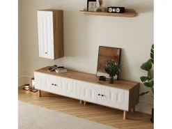 Móvel De Tv|ModernLuxe Conjunto de TV mural 3 peças - Móvel para TV, vitrine e prateleira - 5 portas - Pés de madeira maciça - Branco + natural Natural claro / Branco
