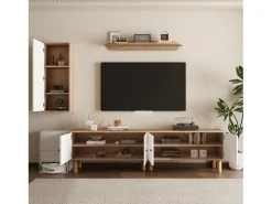 Móvel De Tv|ModernLuxe Conjunto de TV mural 3 peças - Móvel para TV, vitrine e prateleira - 5 portas - Pés de madeira maciça - Branco + natural Natural claro / Branco