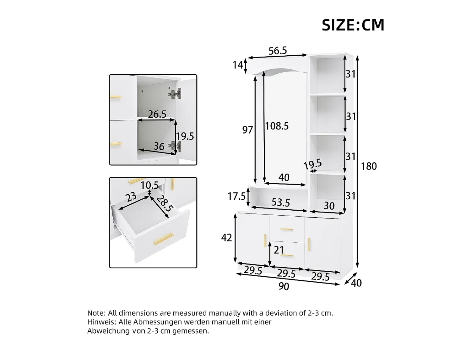 Best ModernLuxe Conjunto de vestiário de entrada 90x40x180cm - com móvel para sapatos e espelho - 2 gavetas e 2 portas - com prateleiras - Branco