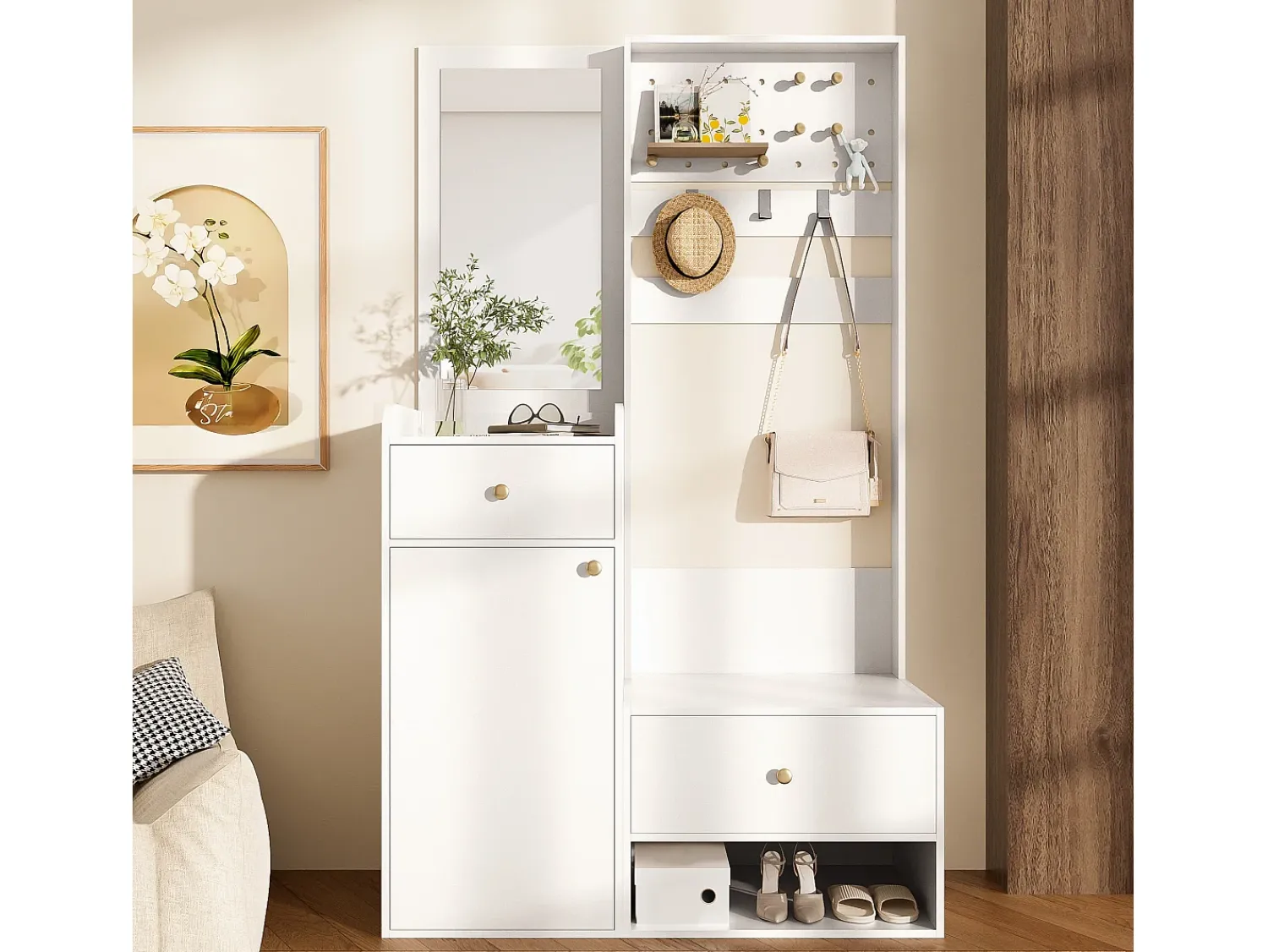 Móvel De Entrada*ModernLuxe Conjunto de vestiário de entrada 105x38x180 cm - com espelho - com ganchos ajustáveis - 2 gavetas e 1 porta - Branco