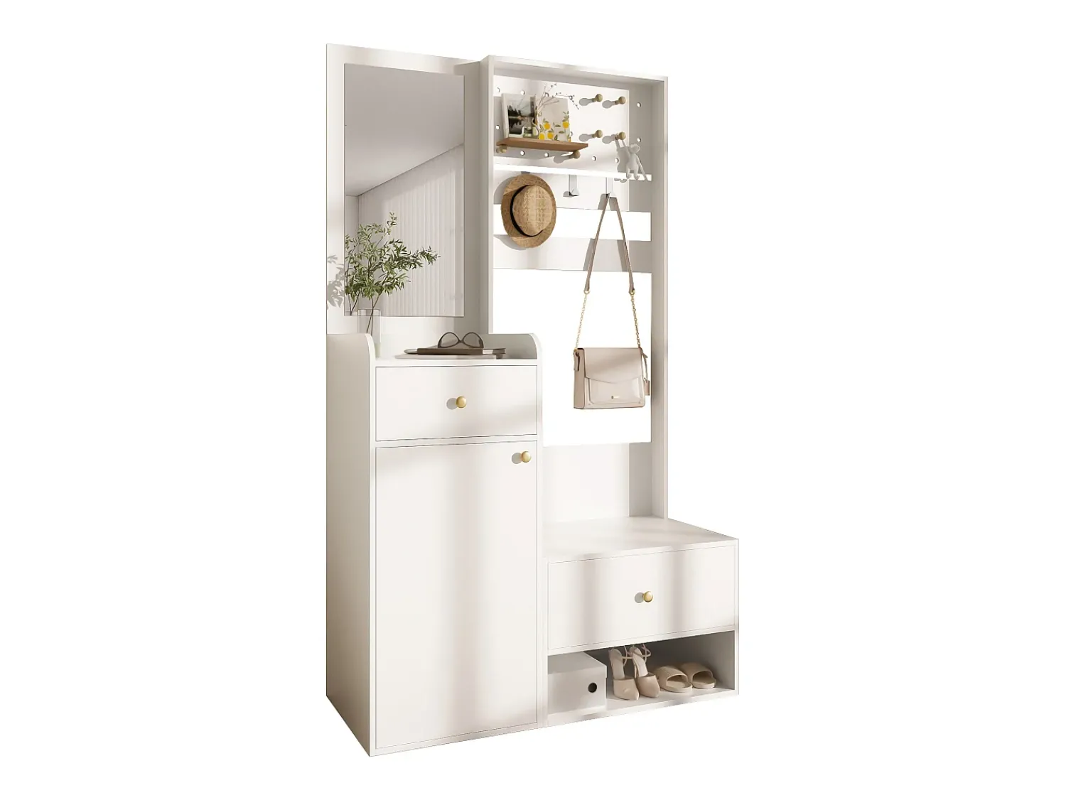 Móvel De Entrada*ModernLuxe Conjunto de vestiário de entrada 105x38x180 cm - com espelho - com ganchos ajustáveis - 2 gavetas e 1 porta - Branco