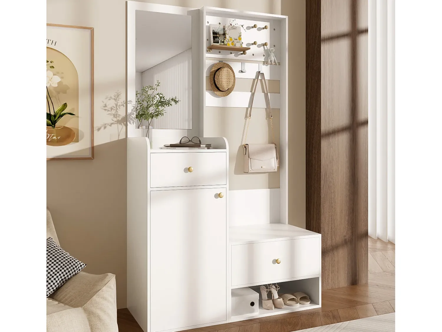 Móvel De Entrada*ModernLuxe Conjunto de vestiário de entrada 105x38x180 cm - com espelho - com ganchos ajustáveis - 2 gavetas e 1 porta - Branco
