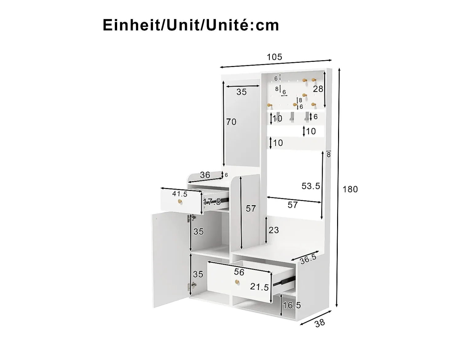 Móvel De Entrada*ModernLuxe Conjunto de vestiário de entrada 105x38x180 cm - com espelho - com ganchos ajustáveis - 2 gavetas e 1 porta - Branco