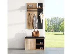 Móvel De Entrada|ModernLuxe Conjunto de vestiário de entrada - 1 cabideiro e 1 móvel para sapatos - com almofada e 3 ganchos - Natural + Preto Preto / Natural claro