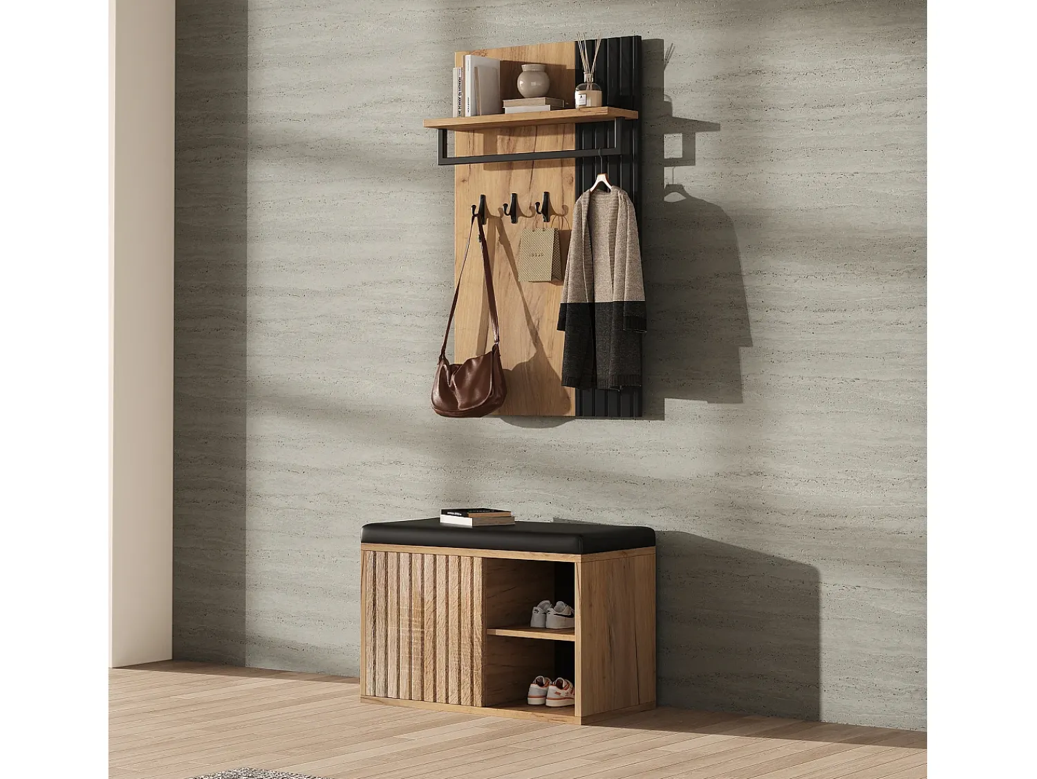 Móvel De Entrada|ModernLuxe Conjunto de vestiário de entrada - 1 cabideiro e 1 móvel para sapatos - com almofada e 3 ganchos - Natural + Preto Preto / Natural claro