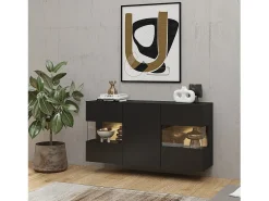 Móvel De Tv*Meublorama Conjunto design de 4 móveis para sala de estar, coleção EVA. Cor preta e carvalho. Preto