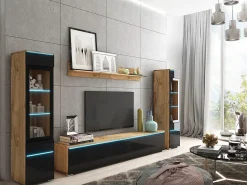Móvel De Tv* Conjunto moderno de móveis de sala 4 peças, móvel de TV 180 cm, 2 vitrinas e prateleira, corpo carvalho Wotan mate, frentes preto brilho, de pé ou suspenso Natural escuro