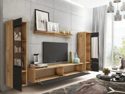 Móvel De Tv* Conjunto moderno de móveis de sala 4 peças, móvel de TV 180 cm, 2 vitrinas e prateleira, corpo carvalho Wotan mate, frentes preto brilho, de pé ou suspenso Natural escuro