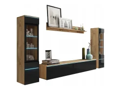 Móvel De Tv* Conjunto moderno de móveis de sala 4 peças, móvel de TV 180 cm, 2 vitrinas e prateleira, corpo carvalho Wotan mate, frentes preto brilho, de pé ou suspenso Natural escuro