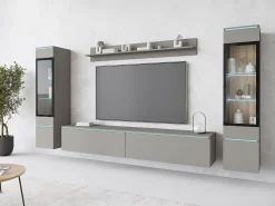 Hot Conjunto moderno de móveis de sala 4 peças – móvel de TV 180 cm, 2 vitrinas e prateleira – estante de parede cinza paládio mate, de pé ou suspensa Cinzento claro