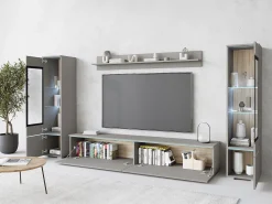Hot Conjunto moderno de móveis de sala 4 peças – móvel de TV 180 cm, 2 vitrinas e prateleira – estante de parede cinza paládio mate, de pé ou suspensa Cinzento claro