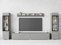 Hot Conjunto moderno de móveis de sala 4 peças – móvel de TV 180 cm, 2 vitrinas e prateleira – estante de parede cinza paládio mate, de pé ou suspensa Cinzento claro