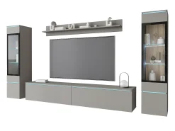 Hot Conjunto moderno de móveis de sala 4 peças – móvel de TV 180 cm, 2 vitrinas e prateleira – estante de parede cinza paládio mate, de pé ou suspensa Cinzento claro