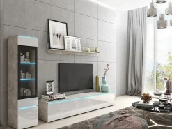 Móvel De Tv* Conjunto moderno de móveis de sala 3 peças – móvel de TV 180 cm, vitrina e prateleira, corpo betão mate, frentes branco brilho, de pé ou suspenso Cinzento