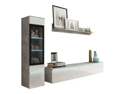Móvel De Tv* Conjunto moderno de móveis de sala 3 peças – móvel de TV 180 cm, vitrina e prateleira, corpo betão mate, frentes branco brilho, de pé ou suspenso Cinzento