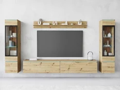 Conjunto moderno de móveis de sala 4 peças – móvel de TV 180 cm, 2 vitrinas e prateleira – estante de parede carvalho Artisan mate, de pé ou suspensa^ Móvel De Tv